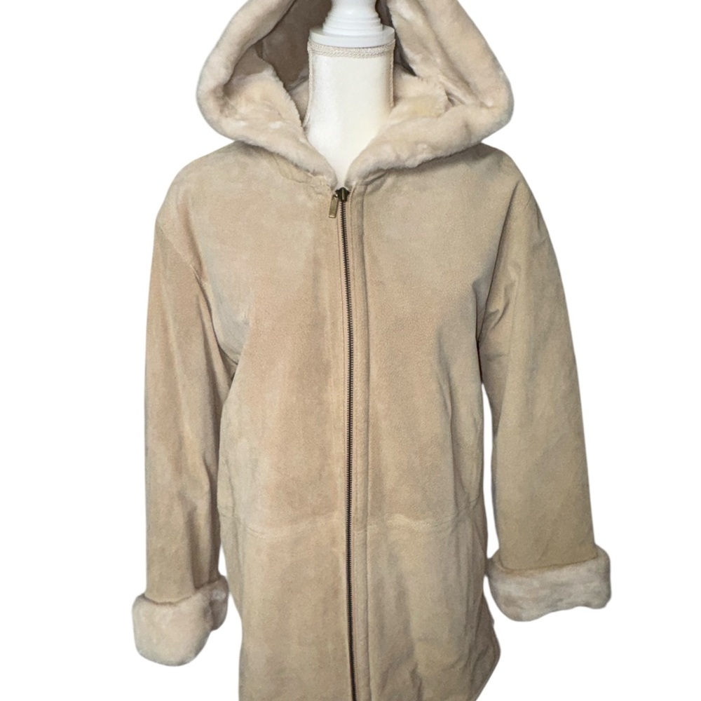 St Johns Bay Suede Genuine Leather Coat Hoodie Jacket Beige Faux Fur Lining #233
